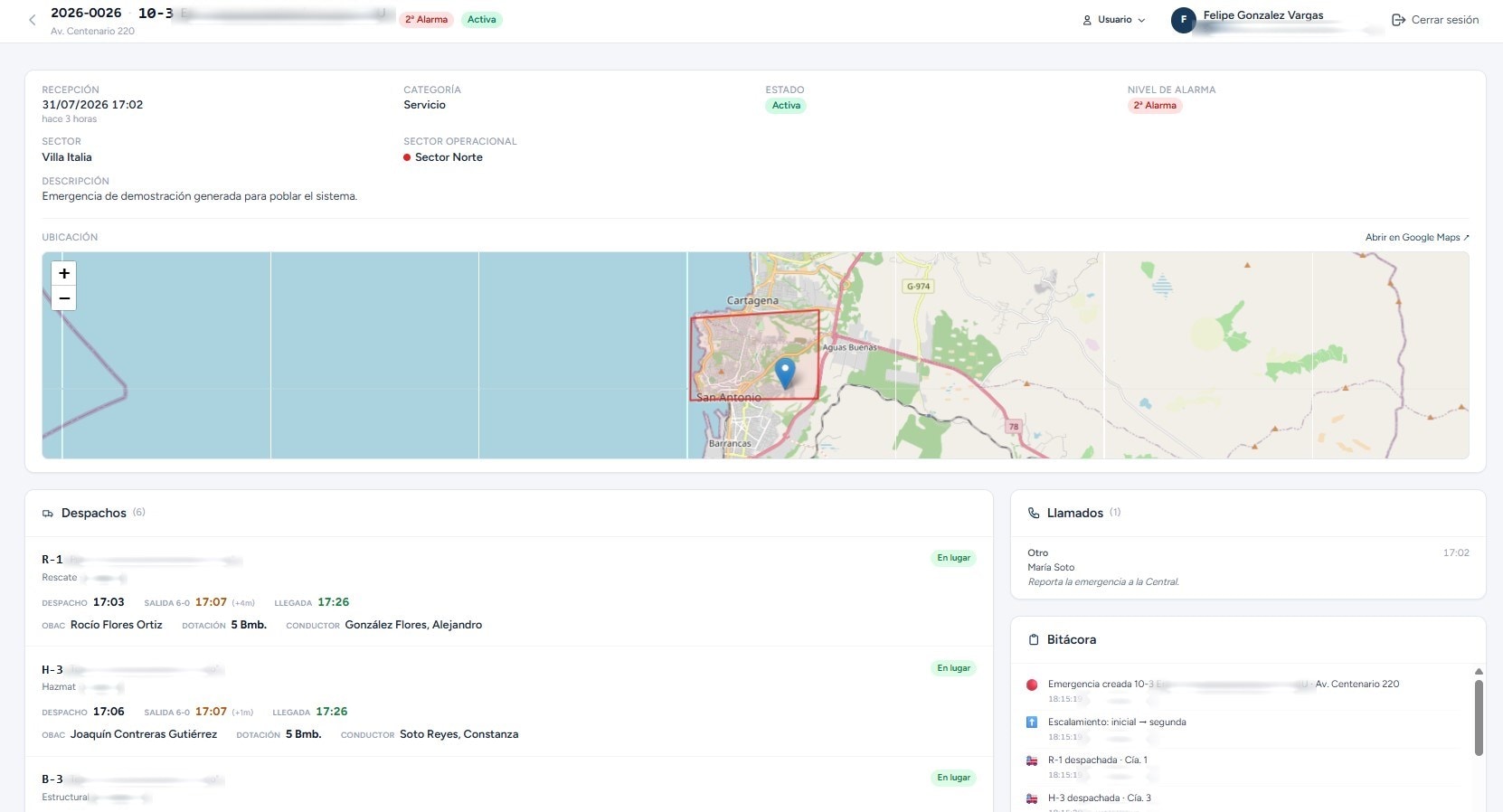 Ficha de una emergencia con segunda alarma en Bombero360: categoría, sector, ubicación en el mapa, seis unidades despachadas con sus tiempos, llamados recibidos y bitácora