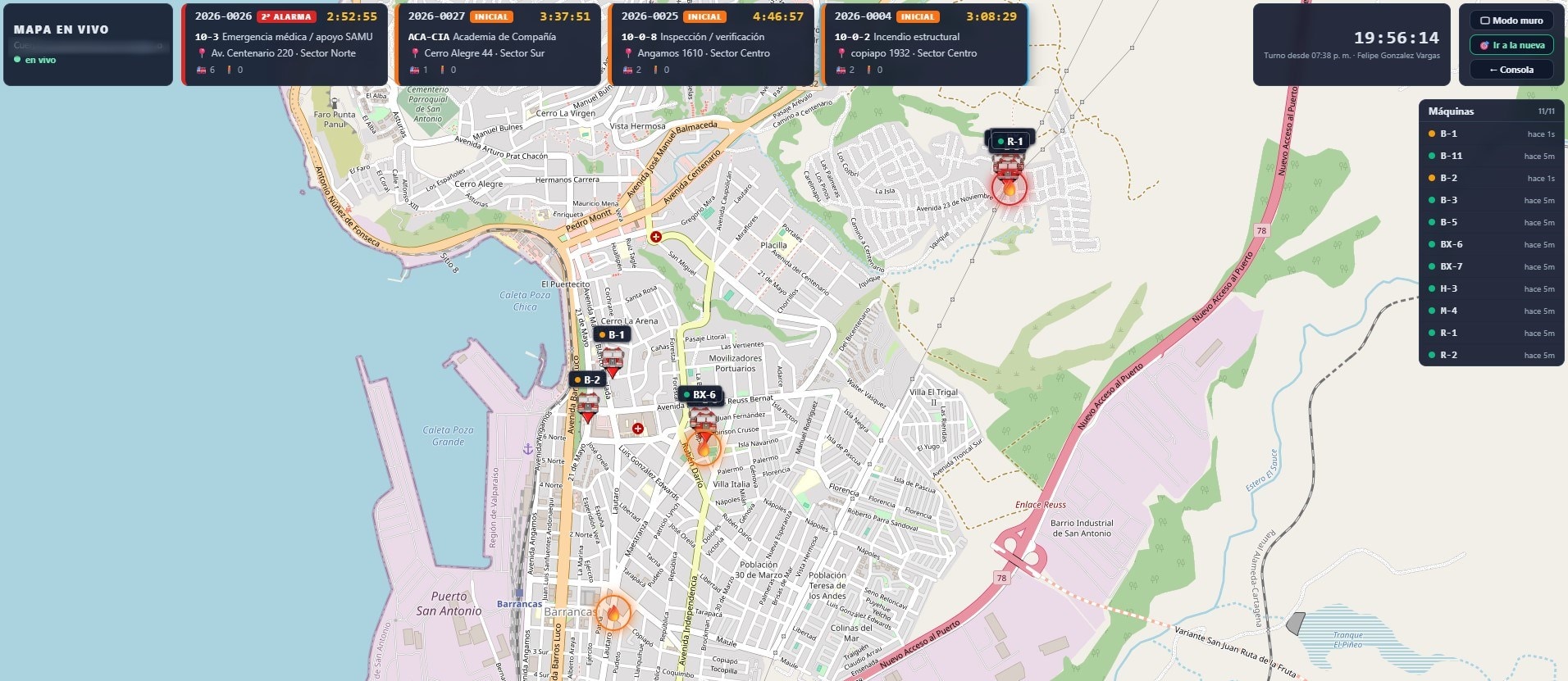 Vista de mapa en vivo con varias emergencias activas, las unidades posicionadas en el territorio y el estado de conexión de cada máquina